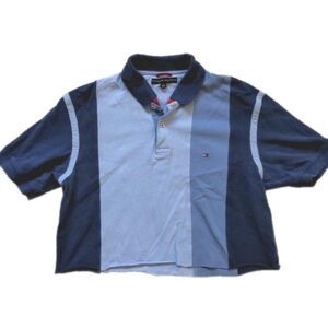 Vintage y2k 2000s Tommy Hilfiger Cropped Polo Shirt Blue Raw Hem Preppy Large